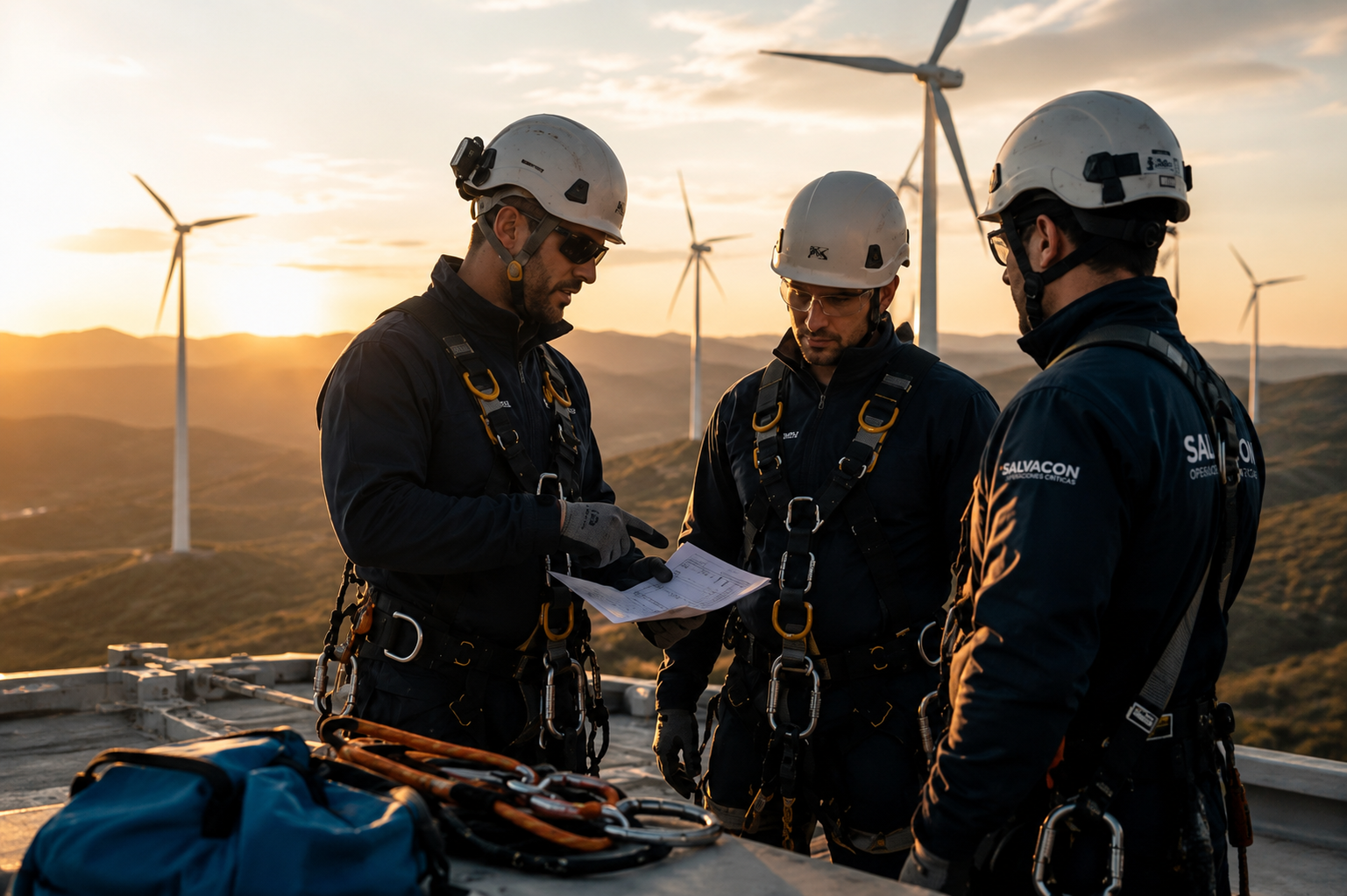 Equipo técnico de energía eólica revisando una operación
